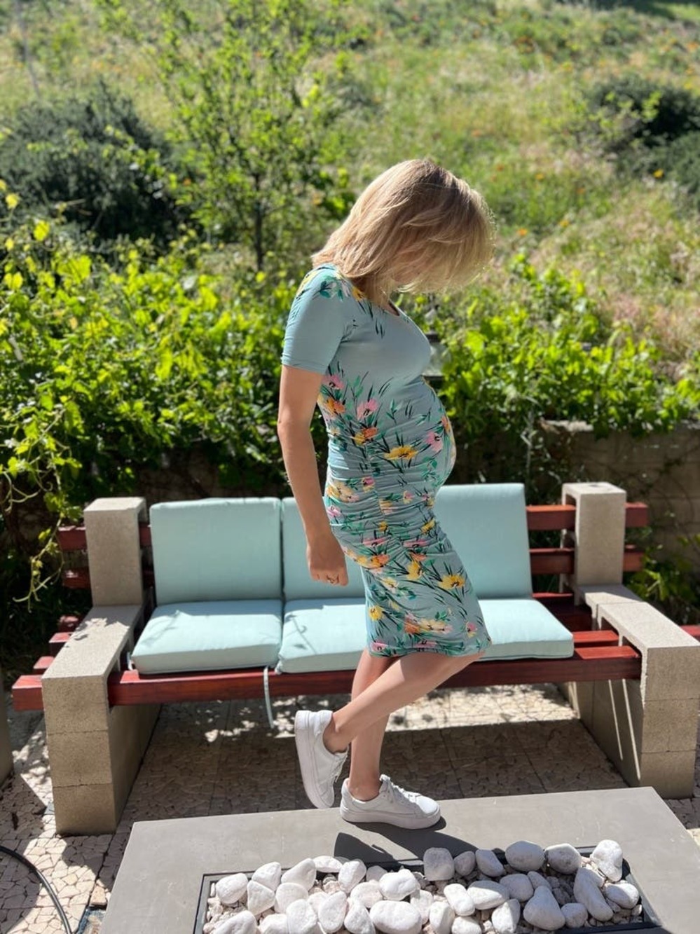 YUMI KIM Blue Floral Printed Mini Short Sleeve Scoop Maternity Dress sz S